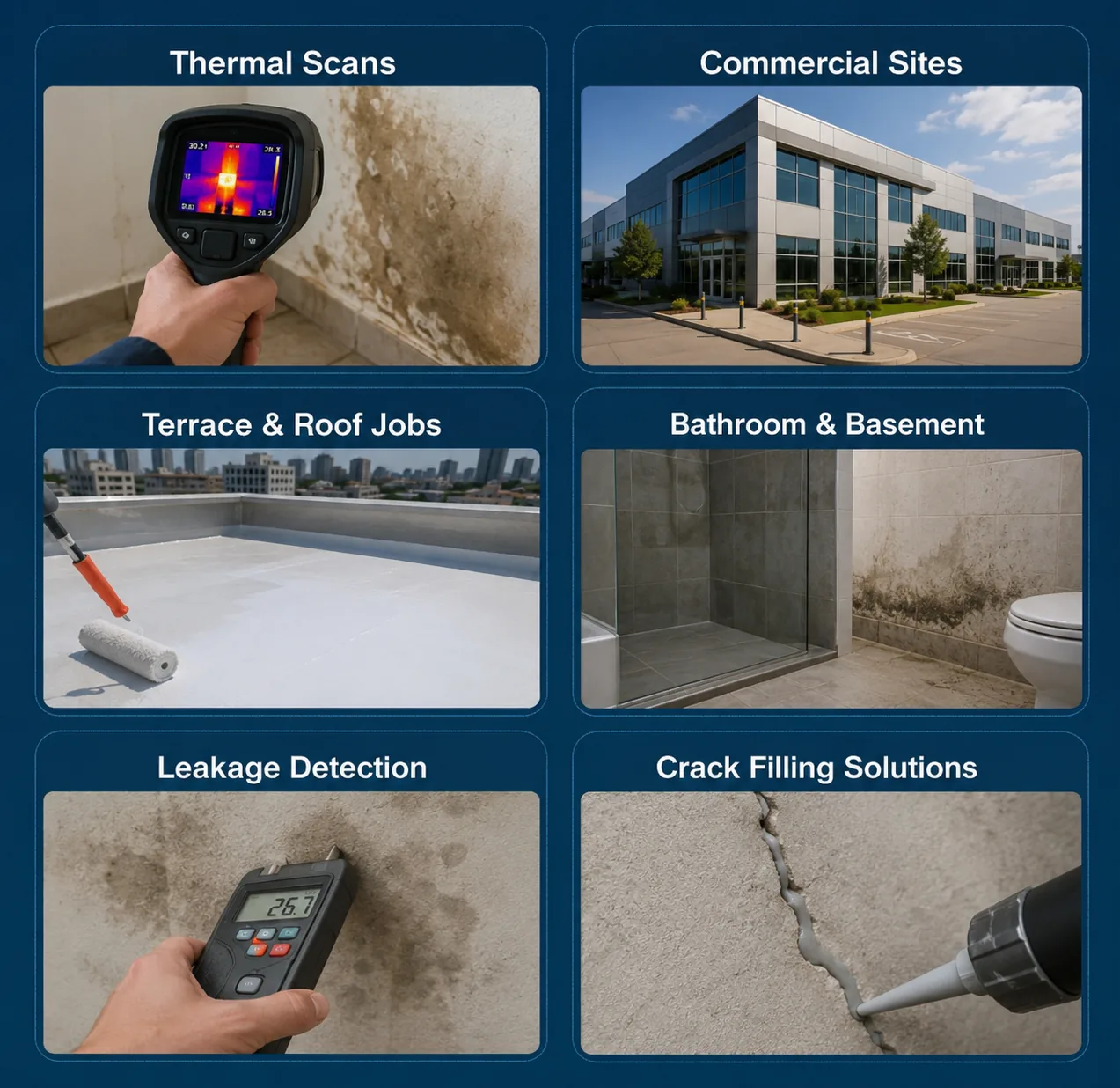 Gracia Waterproofing Before and After - Thermal Scans, Commercial Sites, Terrace & Roof Jobs, Bathroom & Basement, Leakage Detection, Crack Filling Solutions