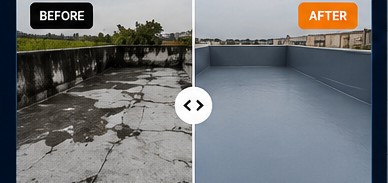 Terrace waterproofing before and after in Kompally Hyderabad using PU chemical coating